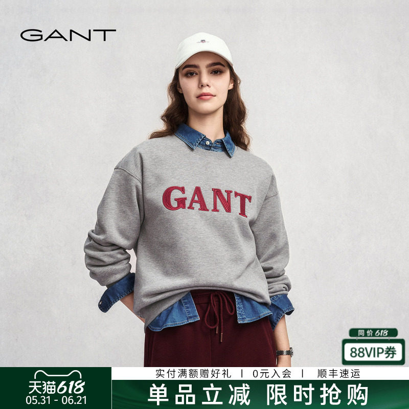 GANT/甘特秋冬女士加绒外套上衣学院风刺绣休闲运动套头圆领卫衣