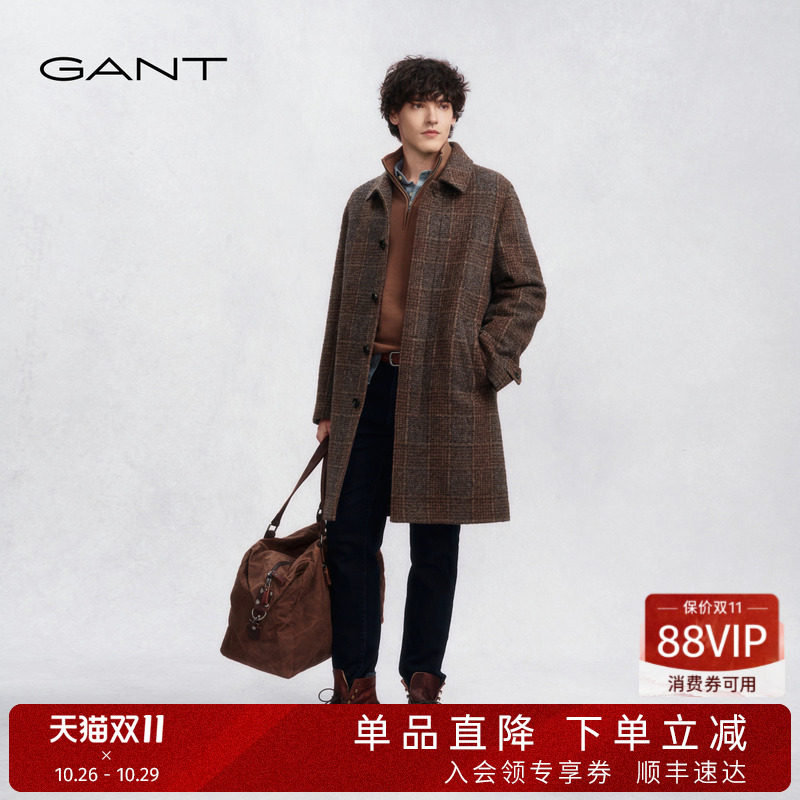GANT/甘特秋冬季新款男士外套复古格纹翻领休闲老钱风羊毛呢大衣