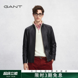 GANT 男士 黑色皮夹克哑光短款 立领机车皮衣外套 甘特2025秋冬新款