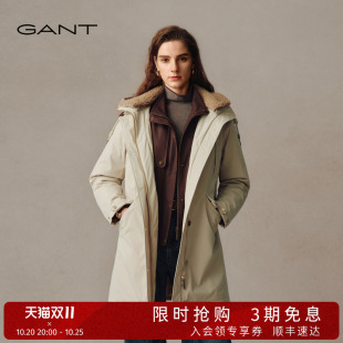 GANT/甘特26秋冬新款女士羊羔毛连帽复古外套抽绳防风中长款棉服
