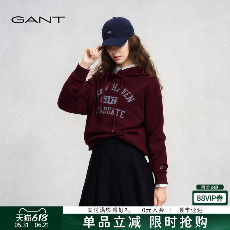 GANT/甘特25年秋冬女士加绒外套上衣学院风刺绣休闲运动连帽卫衣