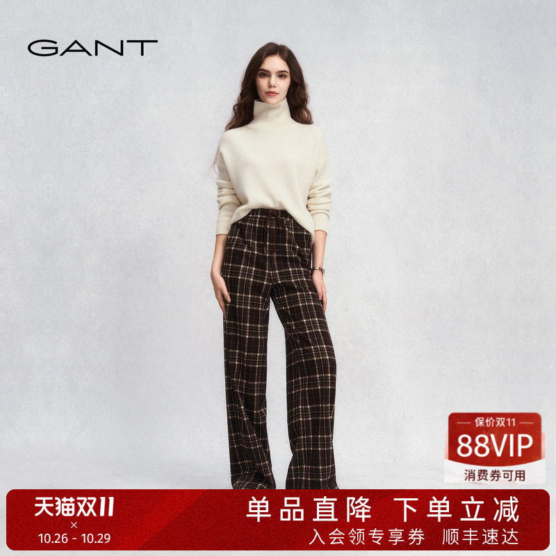 GANT/甘特秋冬新款女装复古格纹窄版阔腿裤加绒厚款通勤休闲裤子