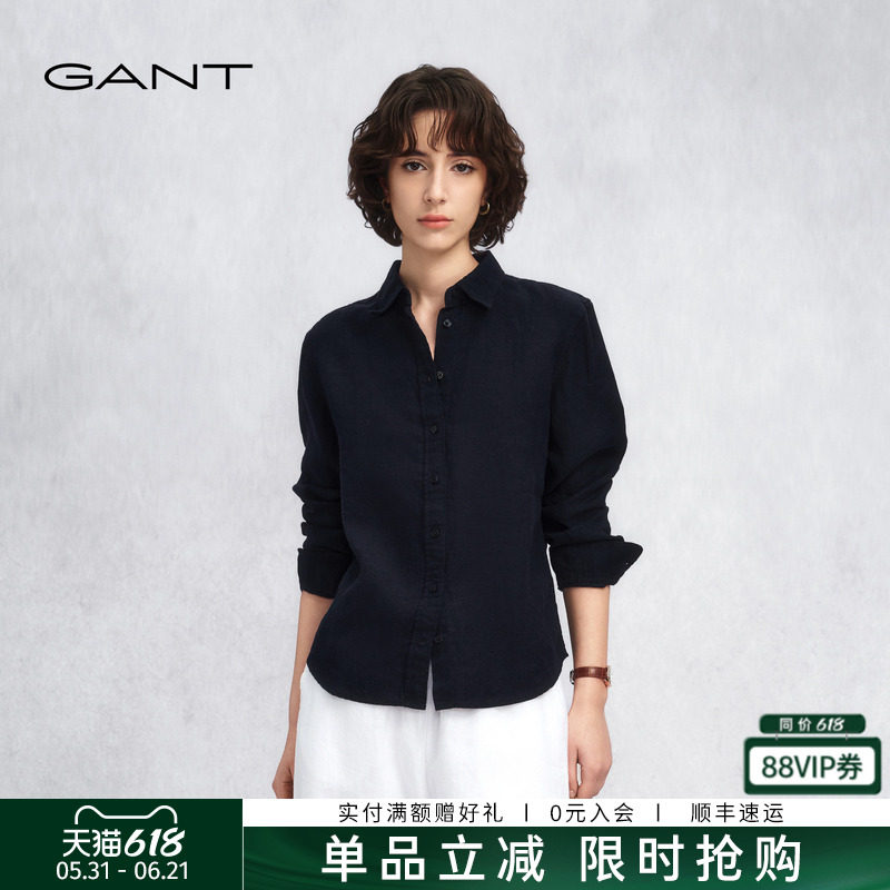 【源野衬衫】GANT/甘特26春夏女士黑色休闲通勤高智感纯亚麻衬衣