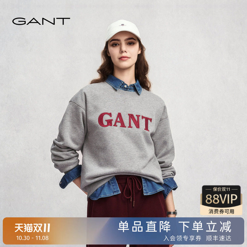 GANT/甘特秋冬女士加绒外套上衣学院风刺绣休闲运动套头圆领卫衣