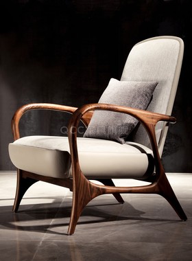 意式轻奢沙发单人椅北美黑胡桃木客厅椅子全实木真皮休闲椅高背椅