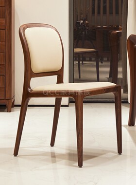 北美黑胡桃木餐椅意式极简扶手椅家用餐厅真皮探戈椅实木轻奢书椅
