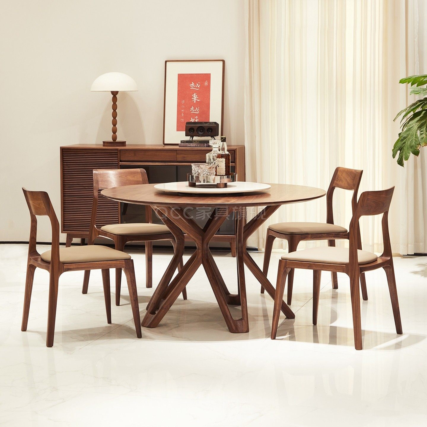 设计师餐桌北美黑胡桃木圆餐台意式极简家用餐厅实木带转盘圆形桌