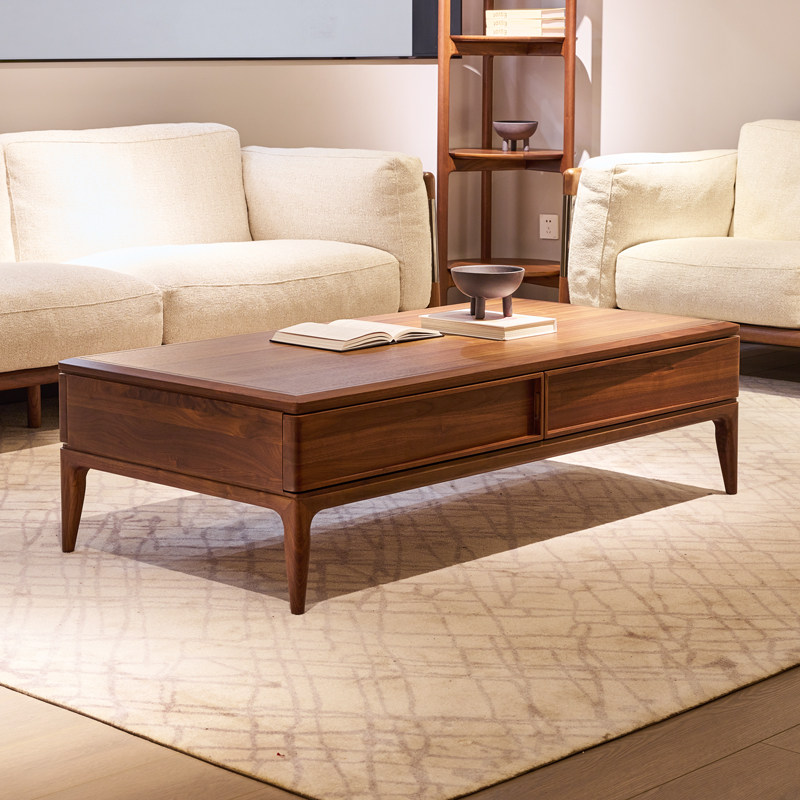 北美黑胡桃木茶几设计师款抽屉长茶几意式极简轻奢风储物岩板茶台