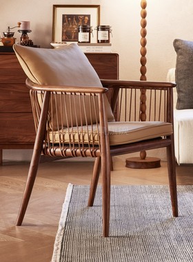 北美黑胡桃木茶椅冬夏两用休闲椅茶室书椅真皮沙发椅设计师小圈椅