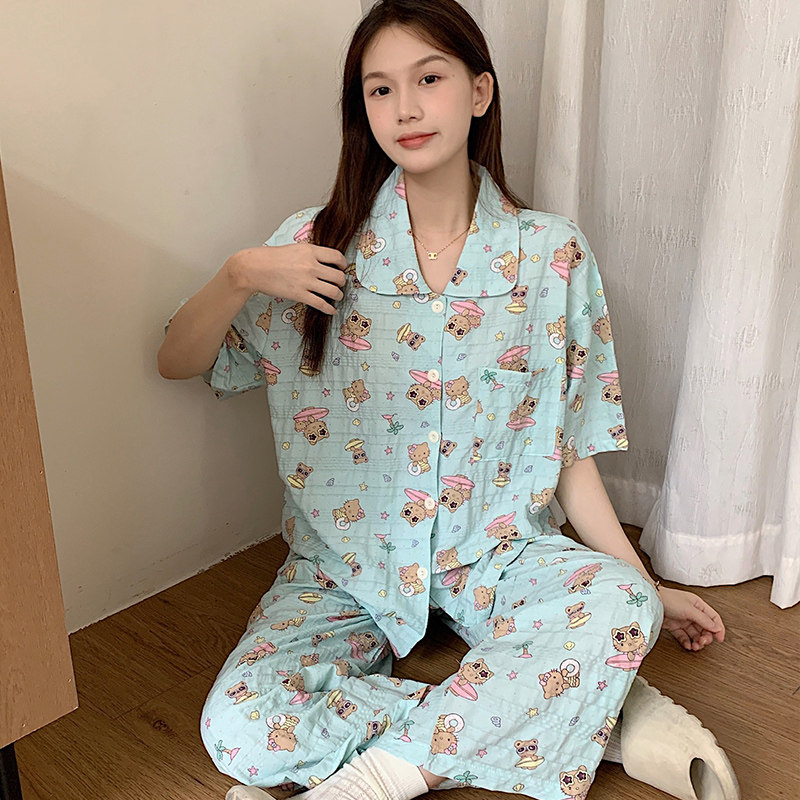 大码睡衣女款夏季日系卡通薄款三件套短袖短裤长裤大码家居服系列