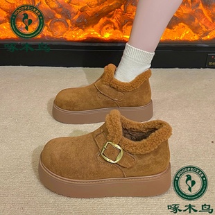 啄木鸟厚底雪地靴女2025冬季新款加绒加厚增高勃肯鞋一脚蹬保暖鞋