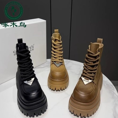啄木鸟厚底马丁靴女系带增高短靴