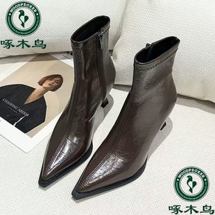 啄木鸟复古尖头高跟短靴女细跟2026秋冬新款百搭中跟瘦瘦靴女皮靴