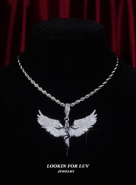 LFL欧美嘻哈饰品 满钻微镶天使吊坠 百搭男女款堕落天使毛衣链