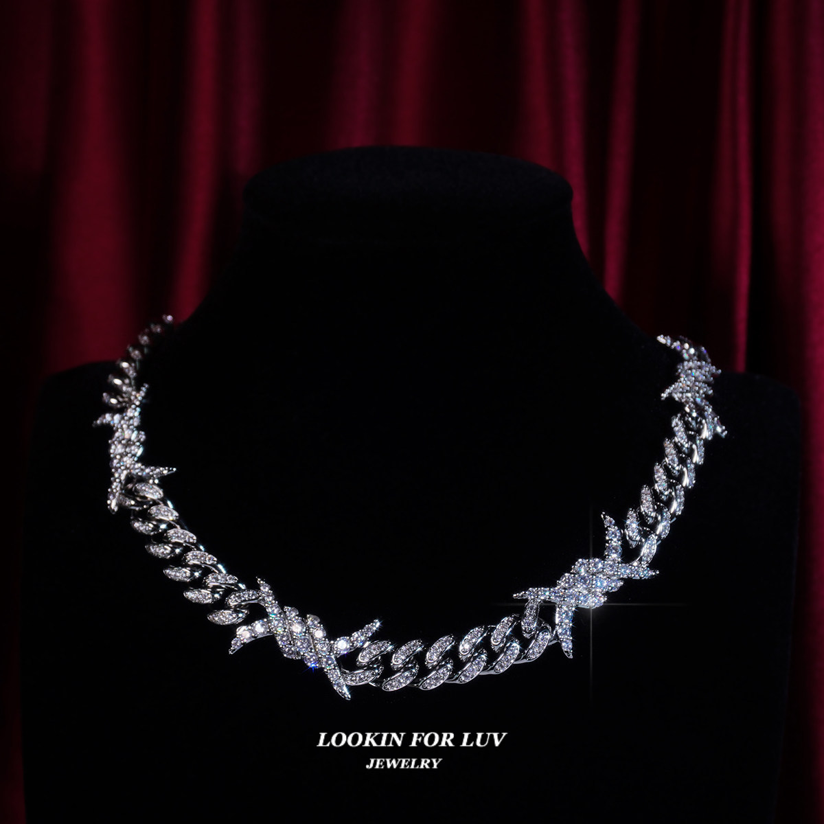 lfl欧美嘻哈饰品 10mm满钻荆棘铁丝古巴链尖刺链 个性百搭锁骨链