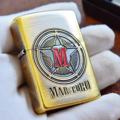 zippo正品芝宝黄铜蚀刻填漆红标万宝路做旧熏黑红标男士送礼