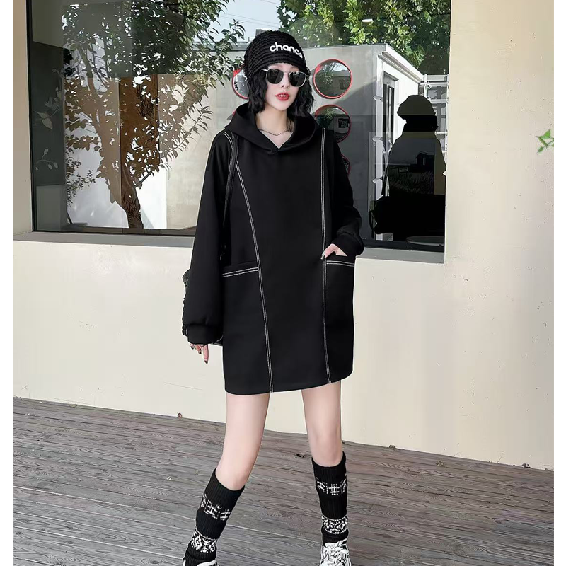 2025秋季新款时尚慵懒风连帽卫衣女设计感宽松黑色中长款上衣外套