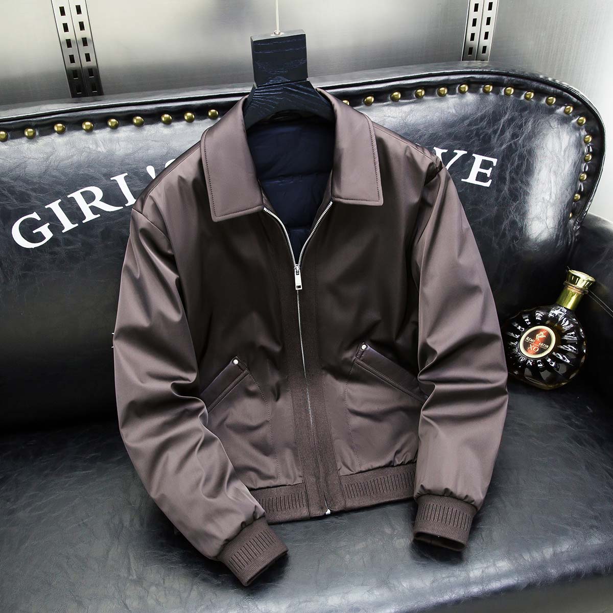 真皮拼接白鹅绒男士羽绒夹克外套