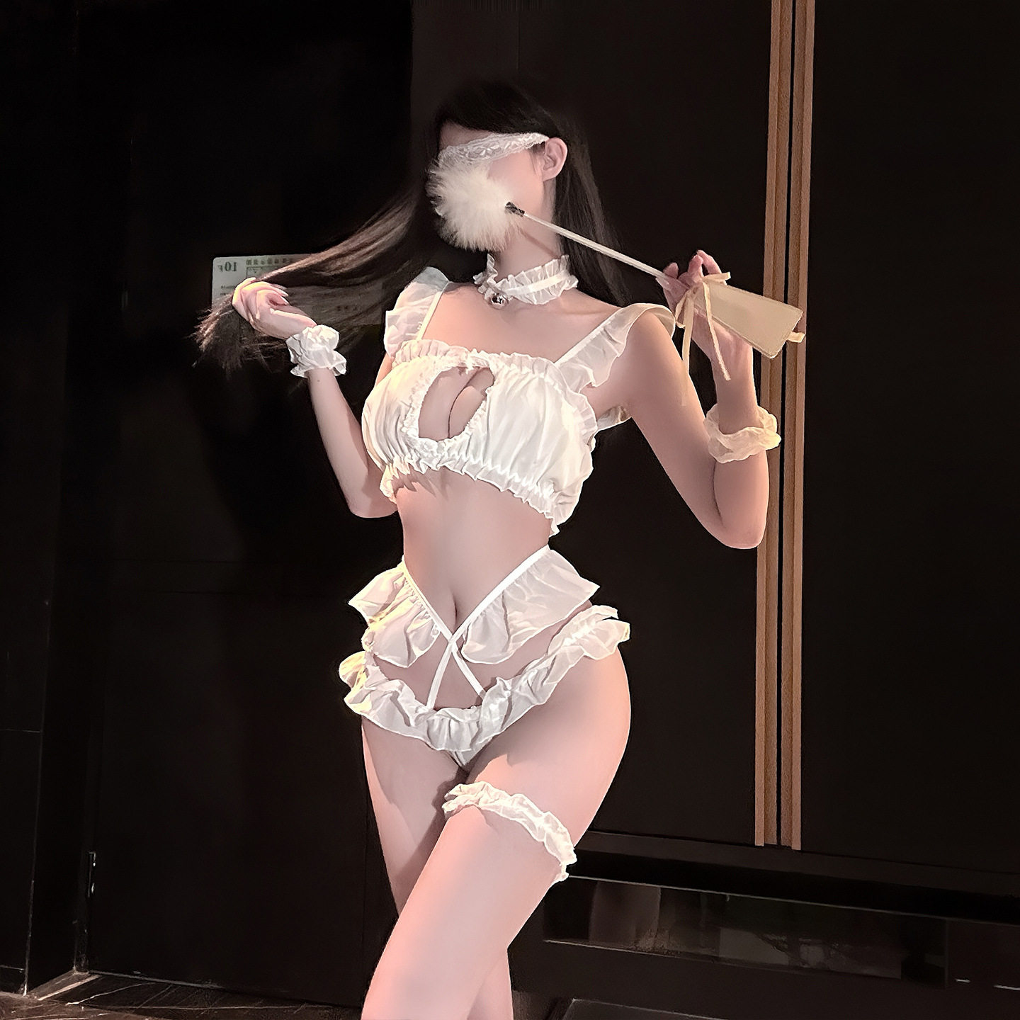 情趣性感风荷叶边爱心吊带睡裙女白色蕾丝花边内衣套装睡衣纯欲qq