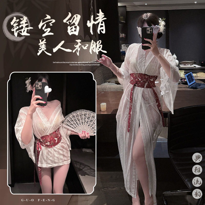 私房纯欲薄日式和服性感透视三点式情趣家居服雪纺睡裙女开襟浴袍