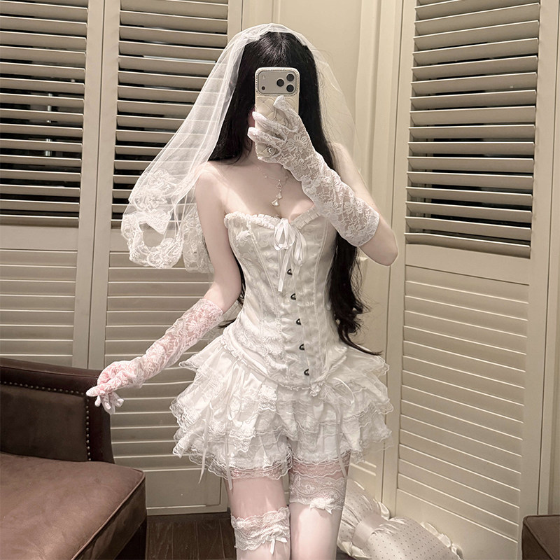 天使服装鱼骨胸衣抹胸上衣cos制服套装性感白色蓬蓬裙妻感穿搭