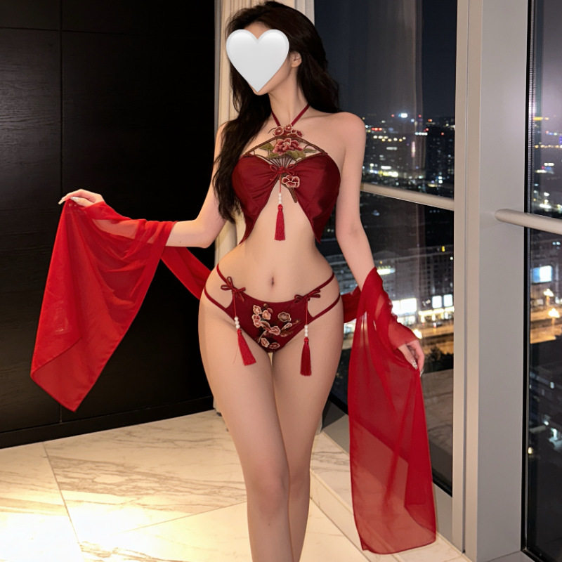 大码新款汉服情趣味内衣古风系cos肚兜牡丹透视情调夜店火辣qqny