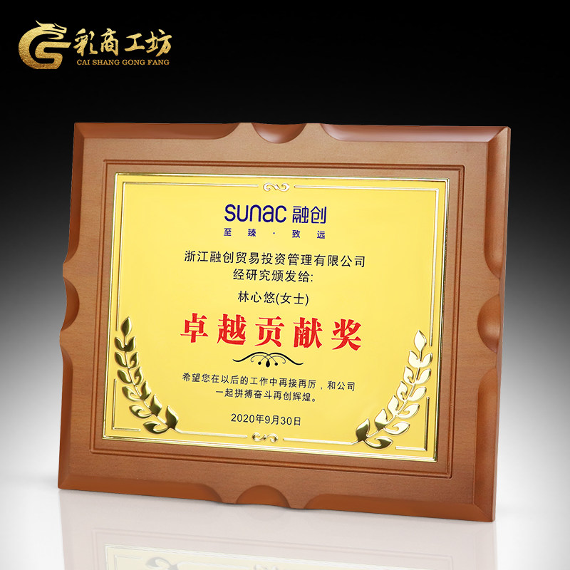 融创卓越贡献奖奖牌定制定做金属授权牌铜牌高档聘书公司荣誉证书