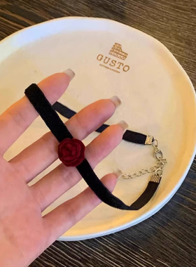 酒红色玫瑰氛围感项链辣妹法式气质锁骨链复古植绒爆款颈链