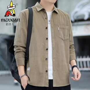 通勤工装 稻草人男士 衬衫 复古灯芯绒长袖 多口袋休闲衬衣外套 春秋季