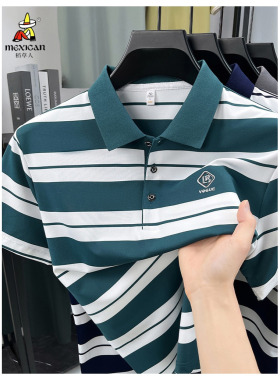 稻草人夏季polo男翻领横条纹休闲薄款半袖衫男士休闲时尚都市