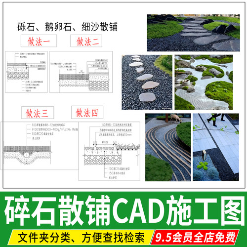 庭院砾石碎石散铺汀步收边枯山水细沙排水大样做法详图CAD施工图