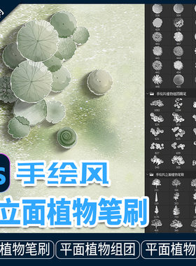 Photoshop手绘风景观设计效果图彩平图平立面植物图例笔刷abr素材