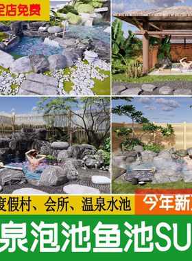 别墅庭院花园酒店度假村温泉泡池锦鲤鱼池假山草图大师su模型素材