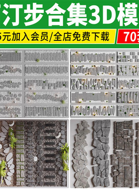 庭院汀步3D模型库 石头路面景观铺装室外石板石块青石板小路3dmax