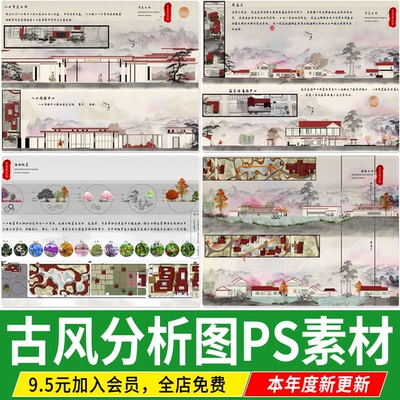古风分析图民宿中古风中国风公园景观立面图剖面图种植PS素材PS