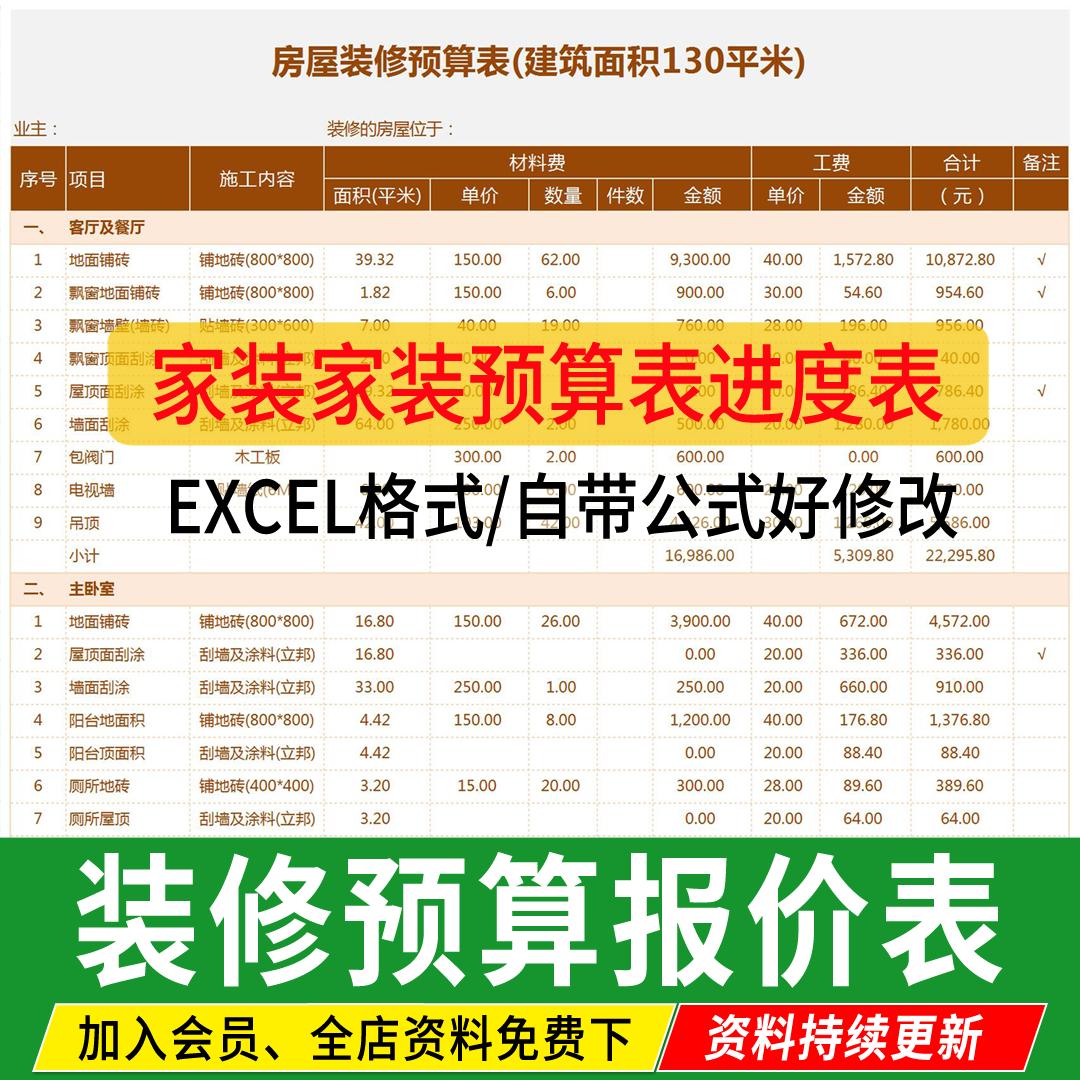 2025装修预算报价表装饰公司家装工装材料价格清单施工进度表模板
