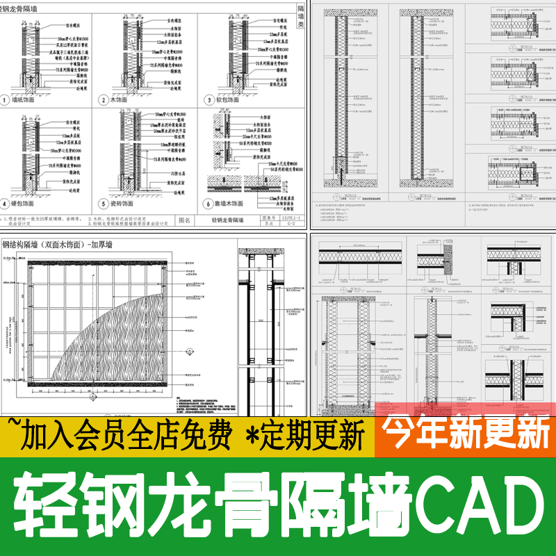 轻钢龙骨隔墙钢结构石膏板木饰面钢架节点大样做法详图CAD施工图-封面