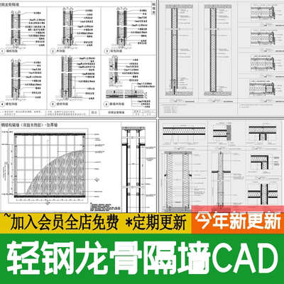 轻钢龙骨隔墙钢结构石膏板木饰面钢架节点大样做法详图CAD施工图