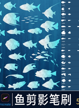 鱼类剪影ps笔刷海洋生物海豚鲸鱼鲨鱼图案绘画素材procreate画笔
