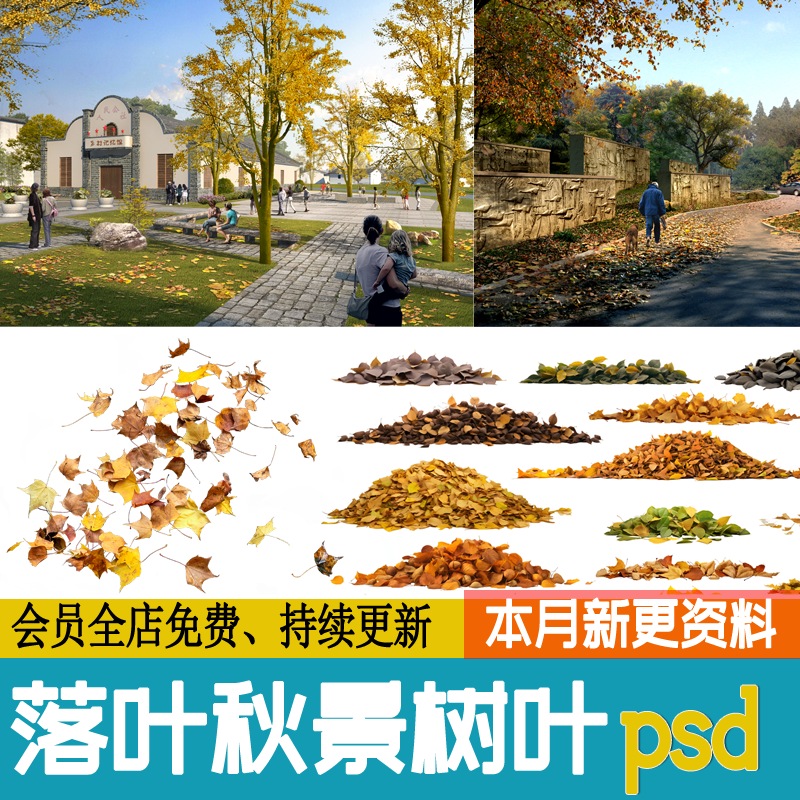 秋景落叶PS秋天公园银杏枫树乡村景观效果图后期psd免扣ps素材