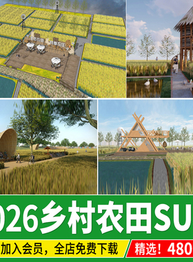 美丽乡村稻田现代农业观光木屋驿站田园景观农田草图大师su模型