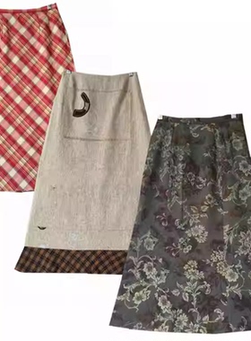 古着vintage复古日系原宿风格子毛呢羊毛半身裙文艺显瘦直筒长裙2