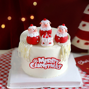 扮 奶油小猪围巾麋鹿圣诞树小动物甜品台派对装 原创烘焙蛋糕装 饰