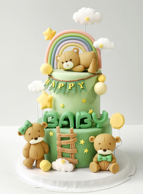 儿童蛋糕装饰森系绿色蝴蝶结小熊BABY彩虹周岁满月宝宝生日摆件