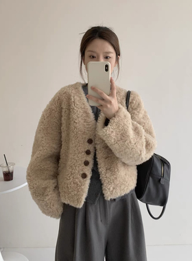 100绵羊羔毛韩版2025冬季新款羊剪绒皮毛一体皮草外套女v领短款