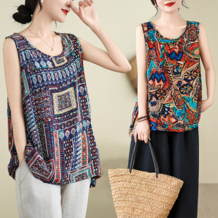 大码 背心无袖 女装 妈妈装 夏季 印花打底衫 绵绸度假旅游沙滩圆领无袖