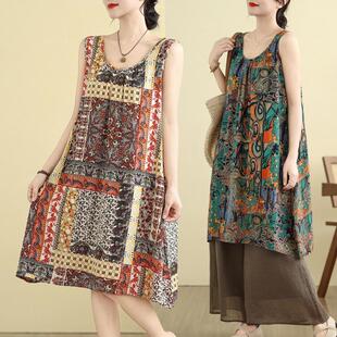 胖mm民族风中老妈妈装 大码 新款 2025夏季 圆领绵绸连衣裙背心裙 女装