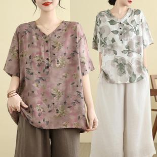 胖mm复古印花中老妈妈装 大码 新款 女装 V领棉麻上衣女T恤女 2025夏季
