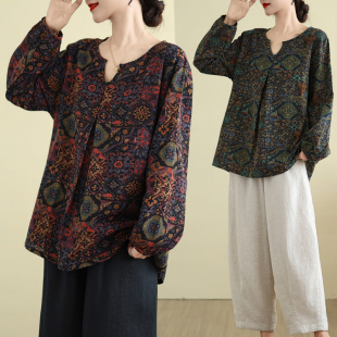上衣女夏季 宽松遮肚大码 女装 复古印花棉麻衬衫 新款 中老年妈妈长袖