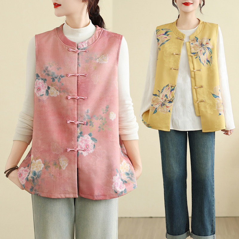 国风盘扣中式马甲上衣秋冬新款背心无袖复古坎肩提花印花大码女装